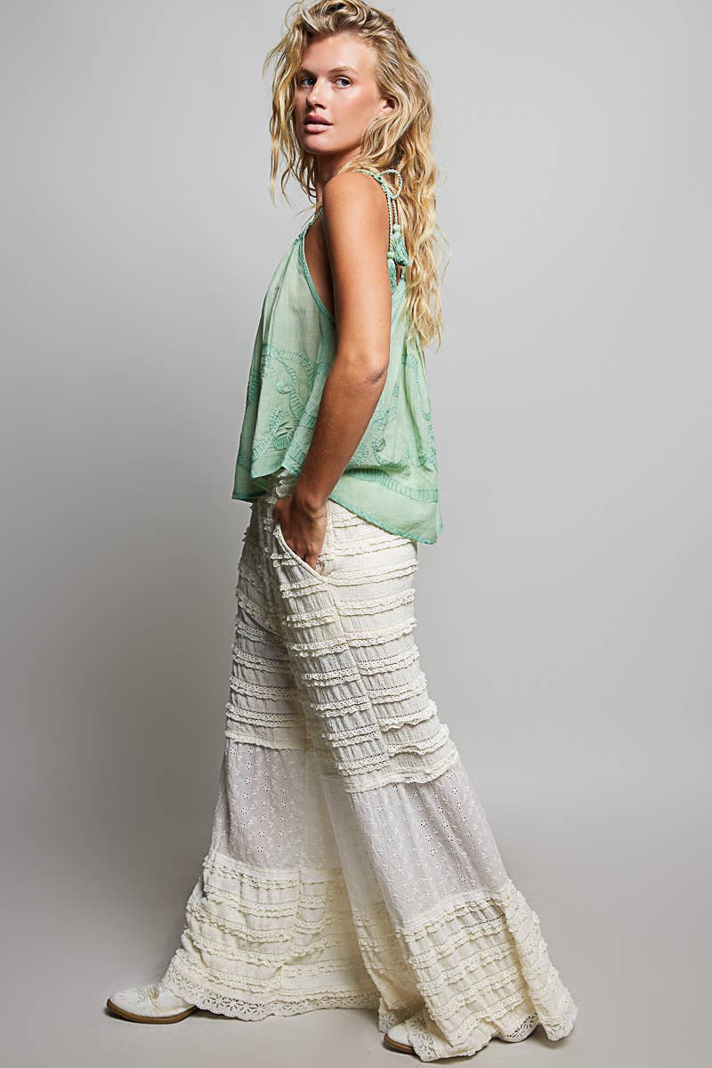 Solid Pattern Eyelet Patch High-Rise Lace Knit Pants