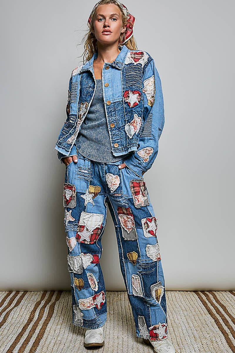 AUG 1st SHIP. Artisan Patchwork Denim Handcrafted Appliqué Vintage Jacket: DENIM MULTI