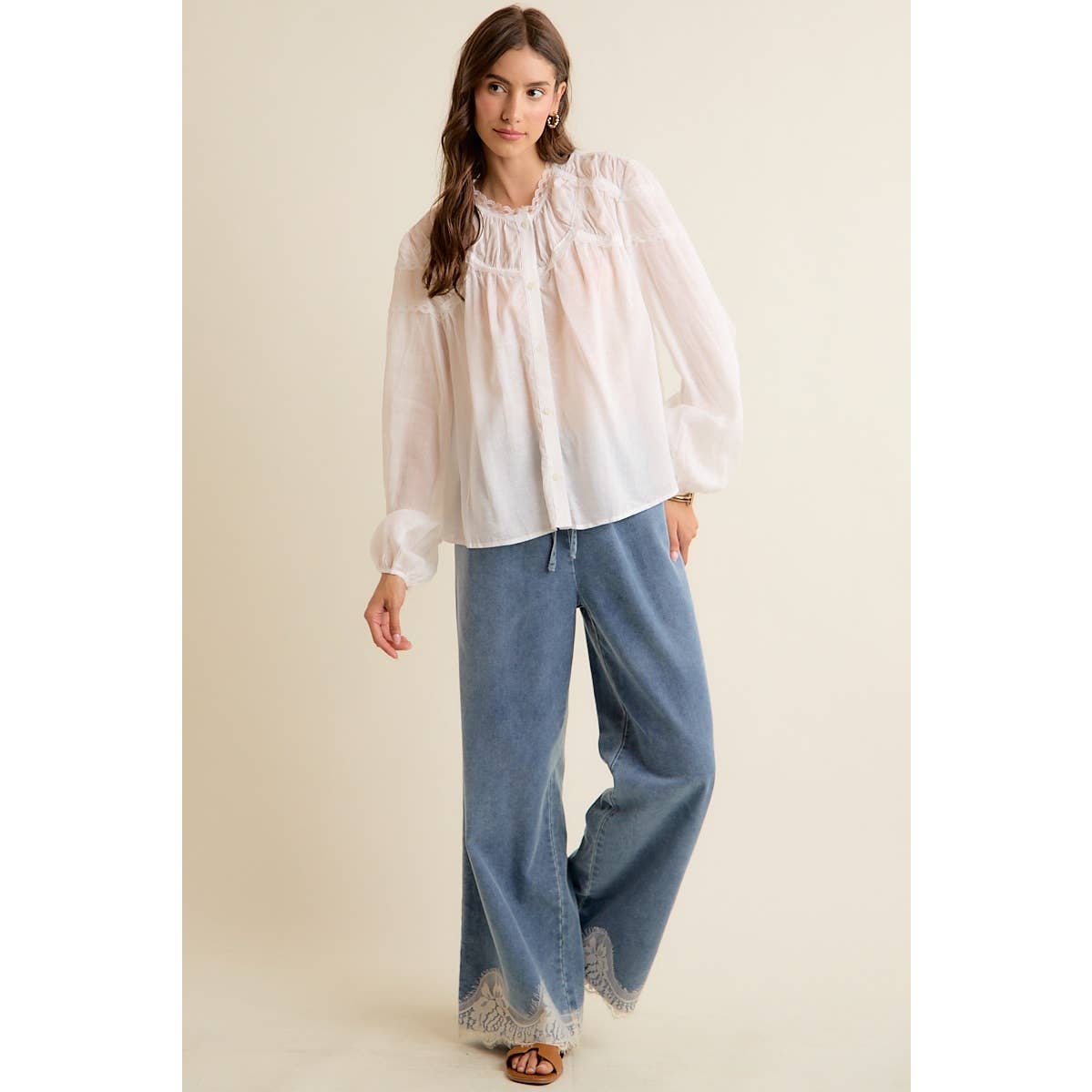 JUNE SHIP  LACE TRIM WIDE LEG ELASTIC MID RISE DENIM PANTS: DENIM