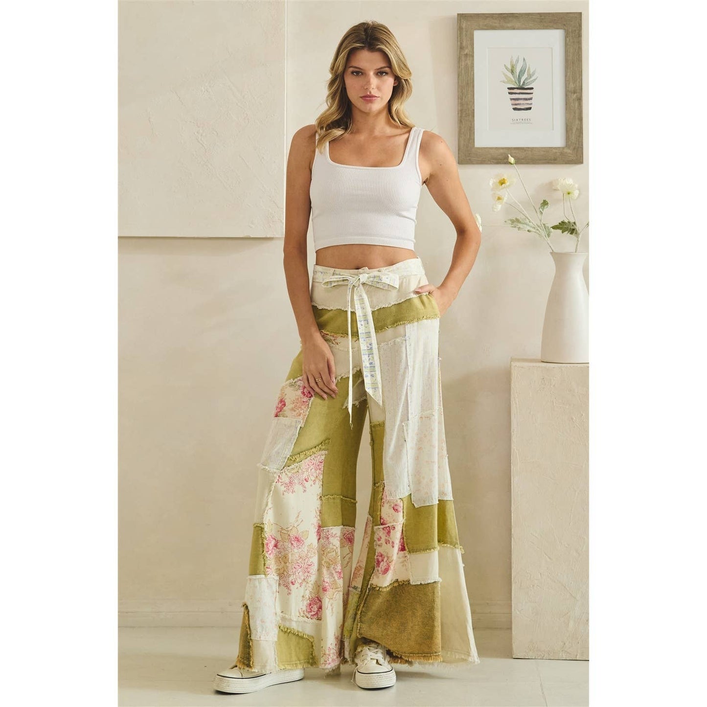 WASHED FLORAL PATCHWORK FLARE PANTS