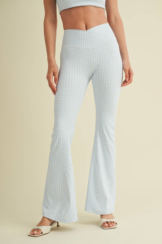 Gingham Print High Waist Crossover Flare Legging