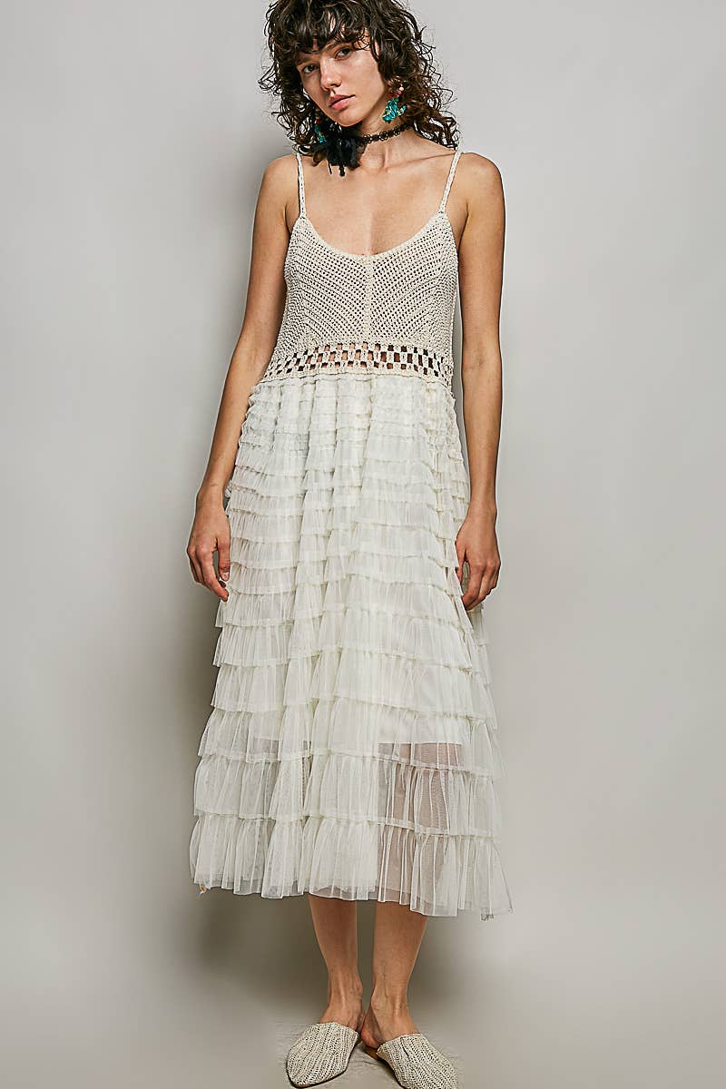 JUNE Ship - POL Round neck sleeveless crochet lace ruffle dress