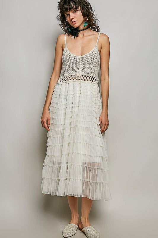JUNE Ship - POL Round neck sleeveless crochet lace ruffle dress