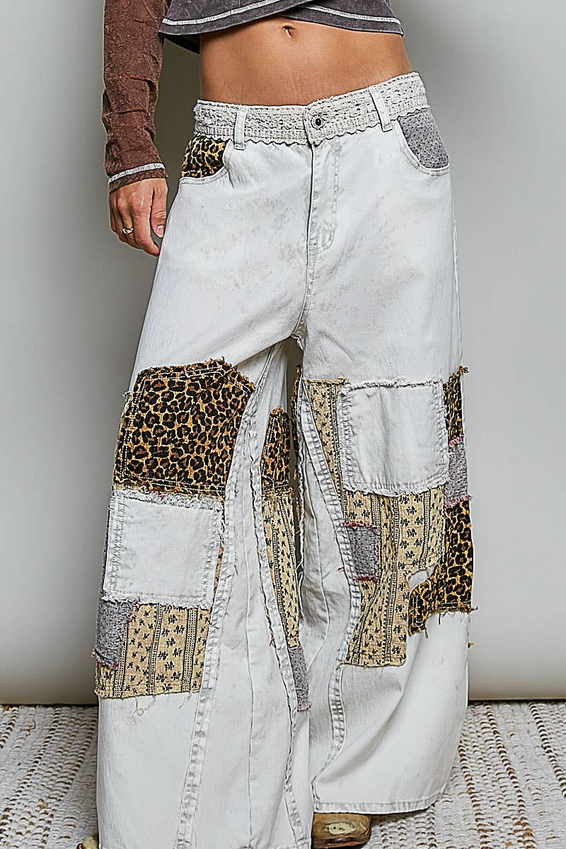 JULY SHIP Handcrafted Vintage DIY Patchwork-Style Waistband Wide Pant: NATURAL MULTI
