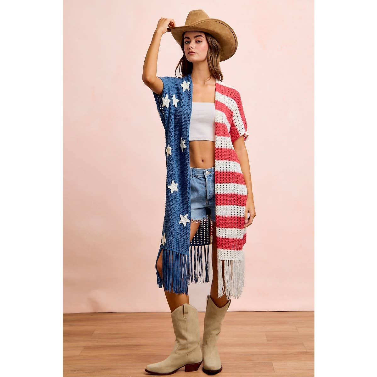4TH OF JULY AMERICAN FLAG OPEN KNIT CARDIGAN