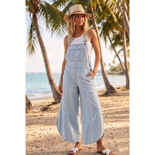 JULY SHIP Tulip Washed Denim Relaxed Fit Overalls: LIGHT DENIM