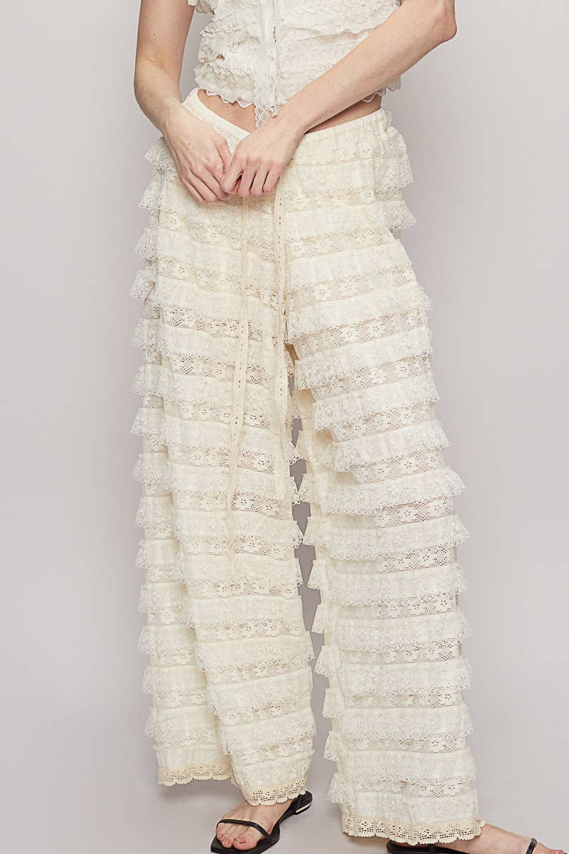 JUNE SHIP POL Solid lace trim detail woven wide pants