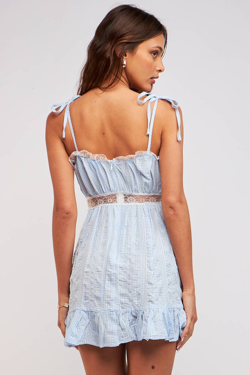 CHECKER TIE STRAP SEE-THROUGH LACE TRIM MINI DRESS
