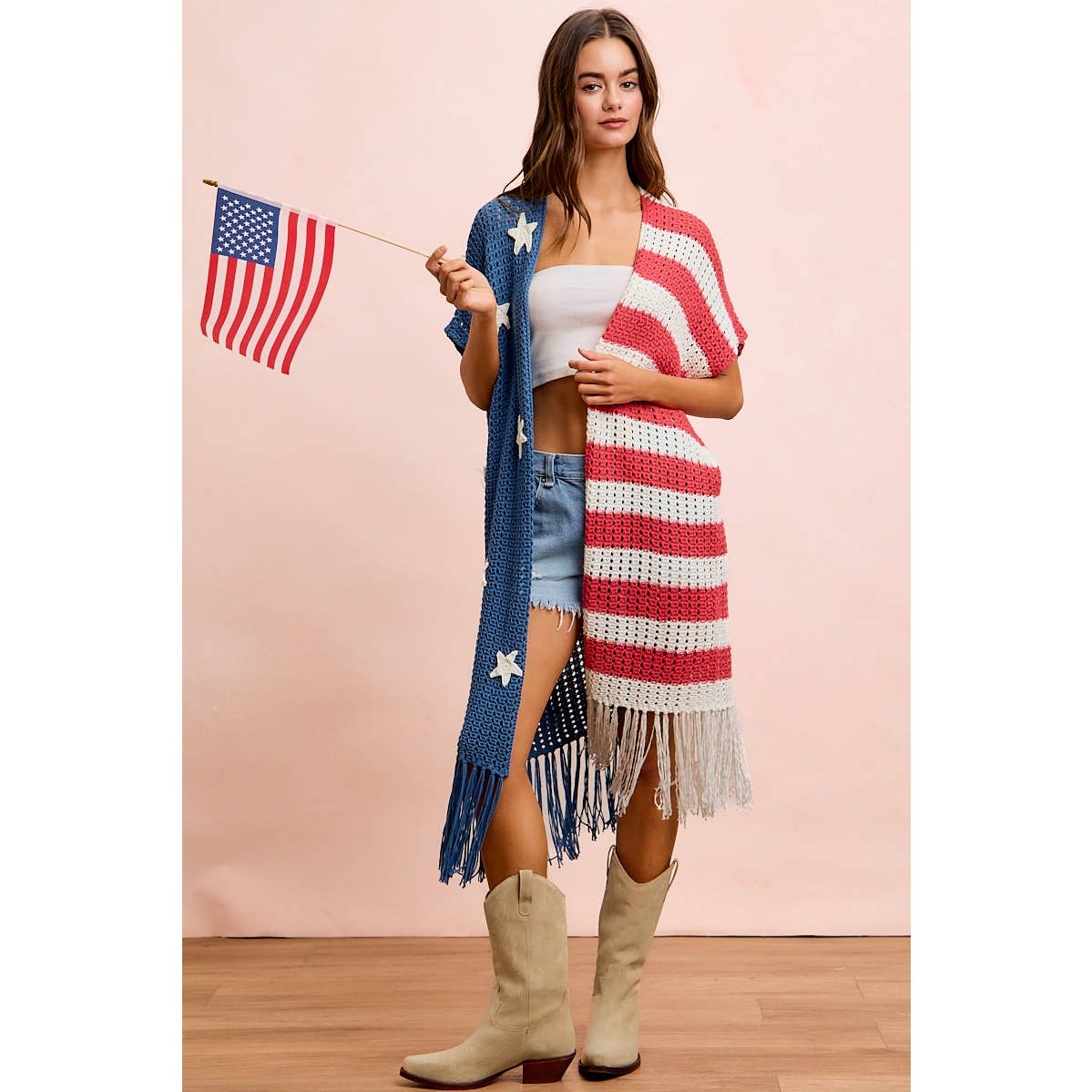 4TH OF JULY AMERICAN FLAG OPEN KNIT CARDIGAN