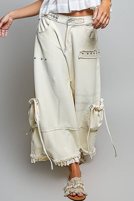 May SHIP POL Ruffle Hem High Rise Wide Leg Snap Stud Detail Cargo Pants