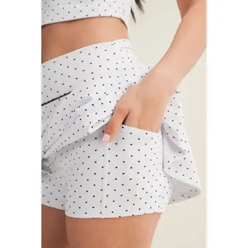 Polka Dot Print Mini Circle Skort wit Bow Back and Lace Trim
