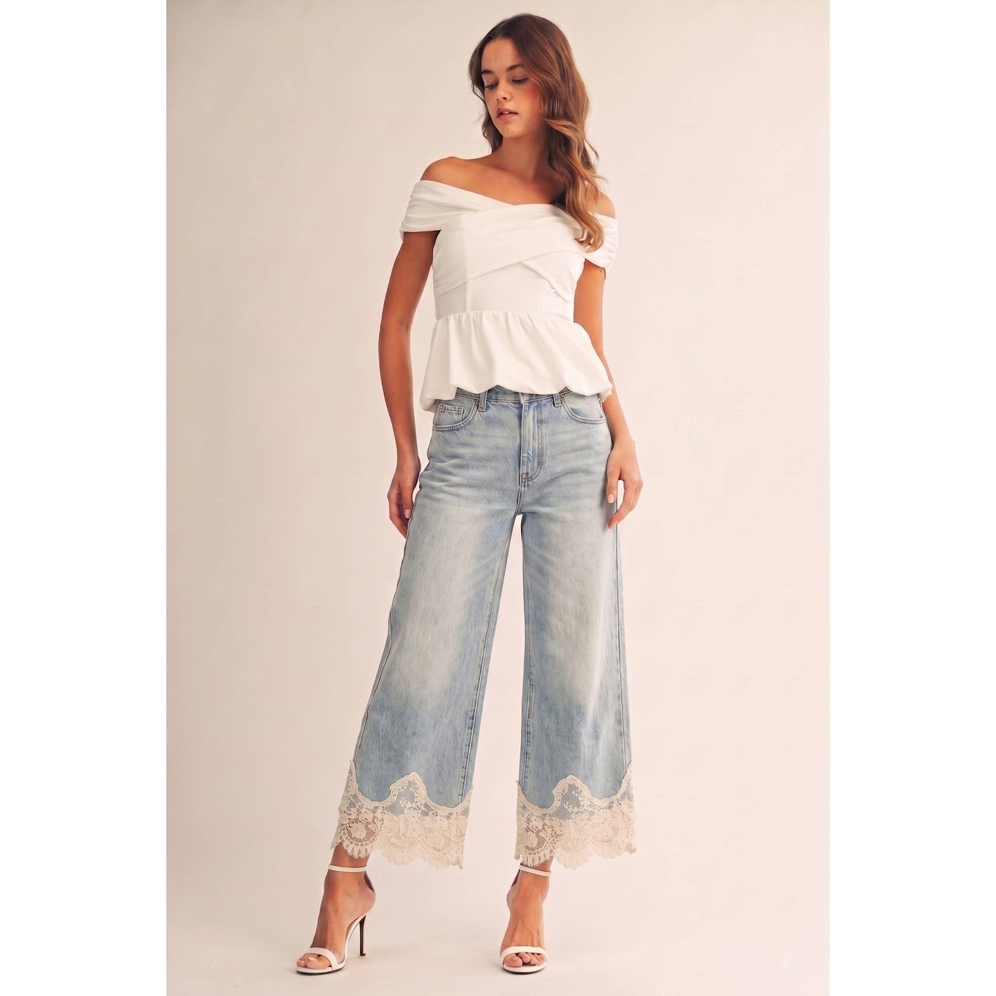 JULY SHIP Lace Hem Vintage Washed Wide Leg Denim Pants: LIGHT DENIM