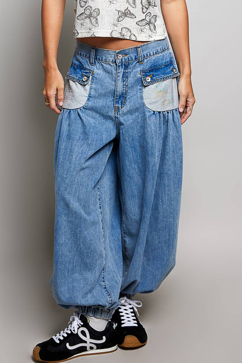 JUNE SHIP POL High-Rise Floral Metal Button Shirring Detail Jogger Pants
