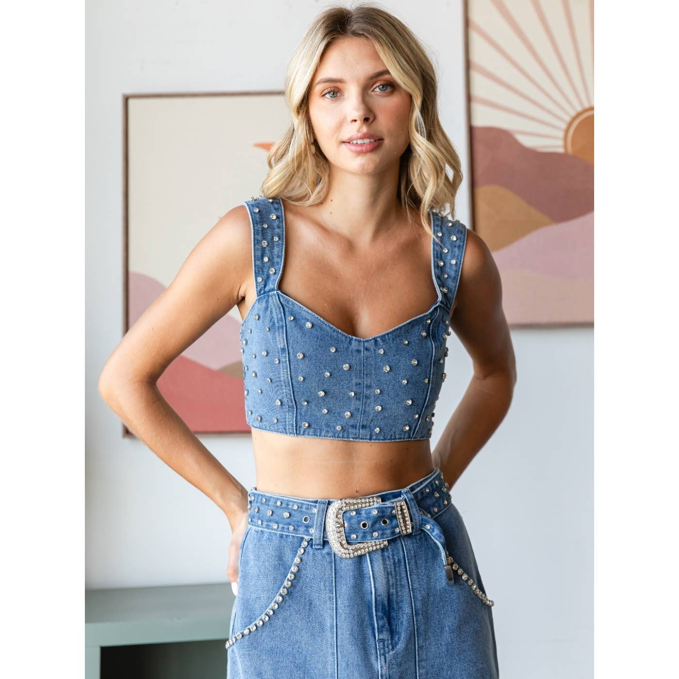 Rhinestone Belt Denim Tank Top