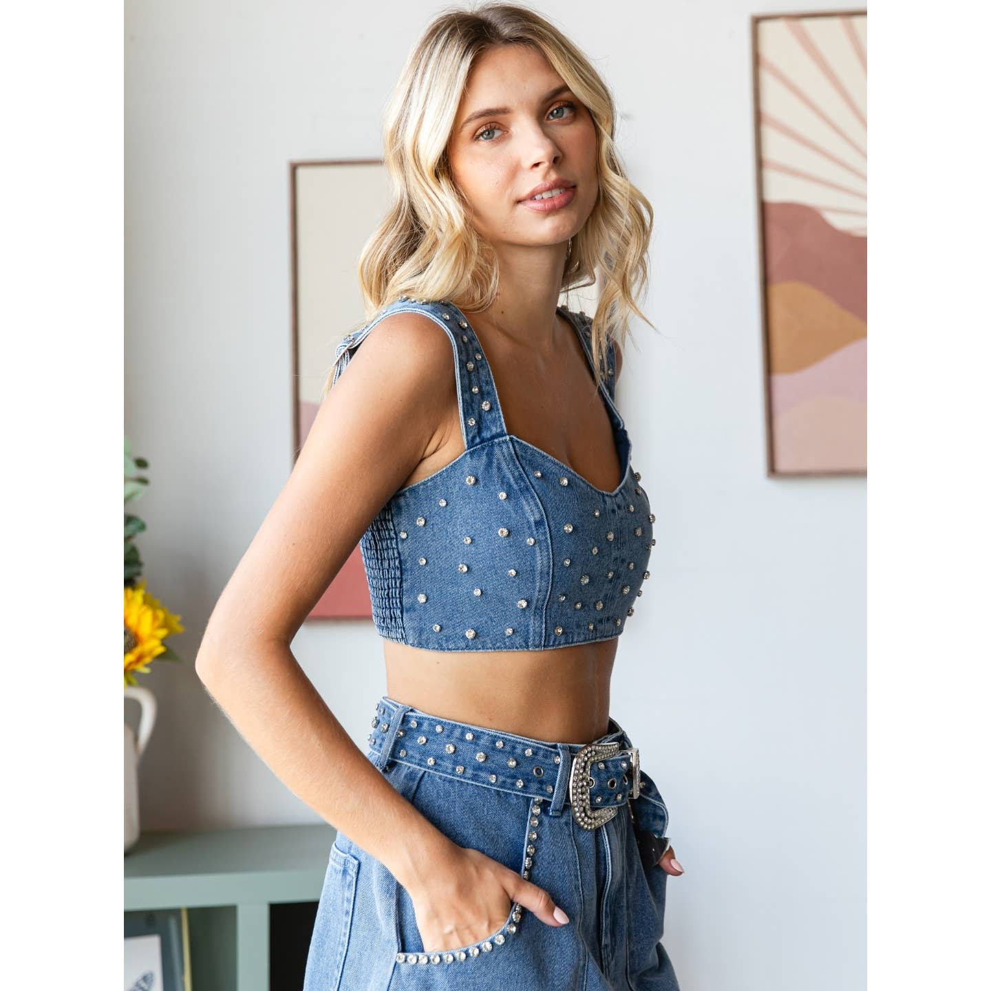 Rhinestone Belt Denim Tank Top