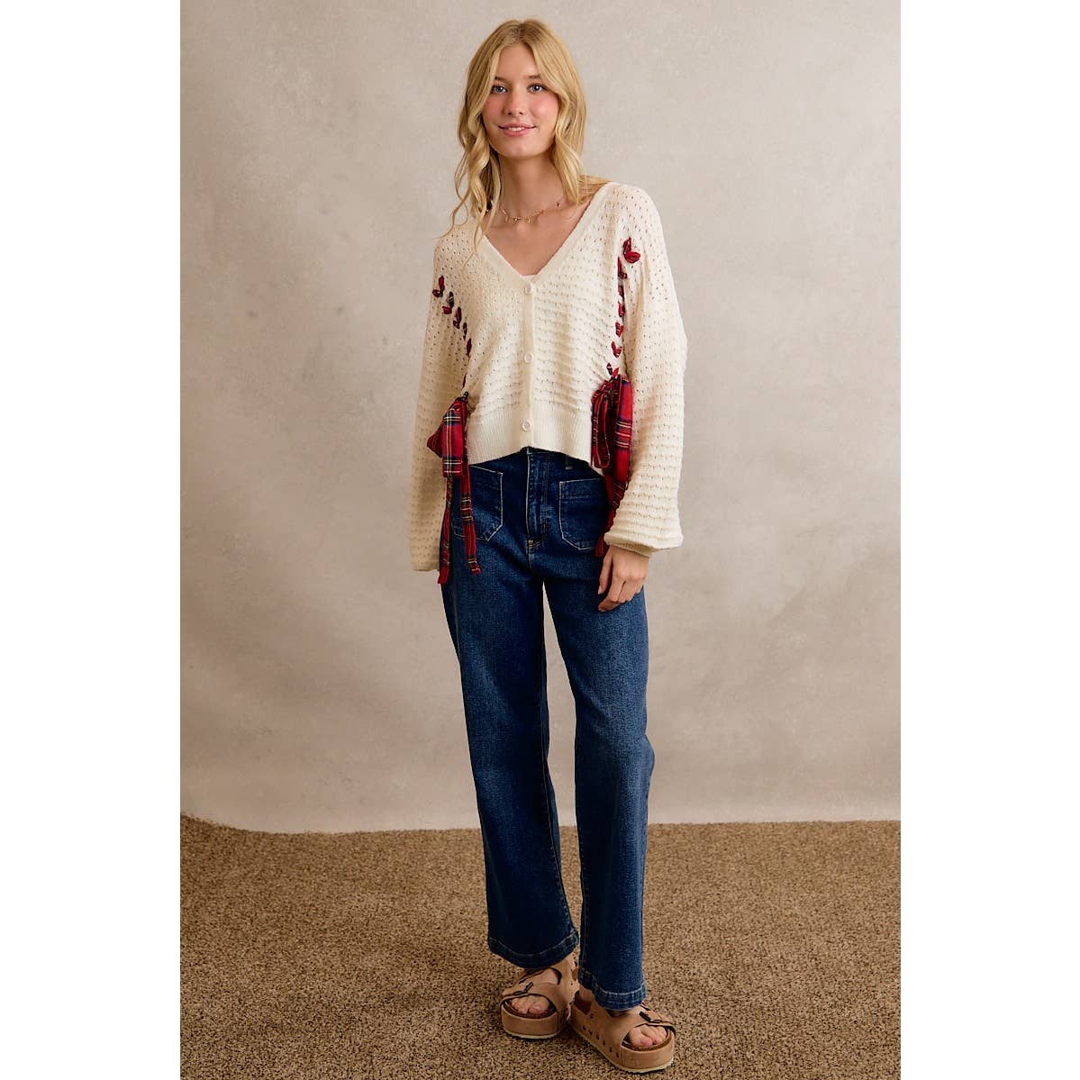 WRAPPED WITH A BOW CHRISTMAS CHECKERED PLAID TAPE LACE TEXTURE SWEATER CARDIGAN