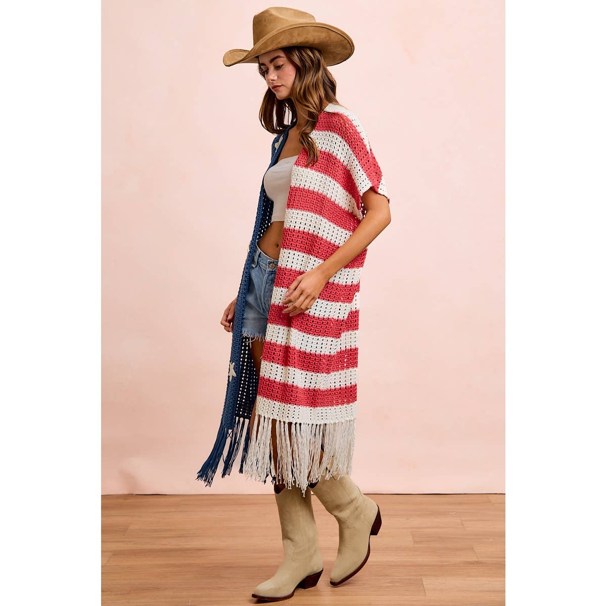 4TH OF JULY AMERICAN FLAG OPEN KNIT CARDIGAN