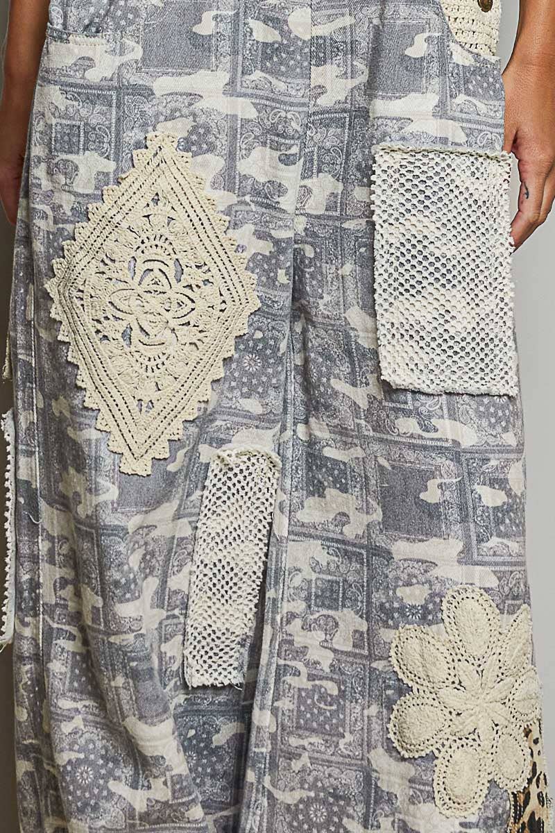POL Crochet Contrast Patch Detail Chest Pocket Woven Overalls: ALMOND CAMO