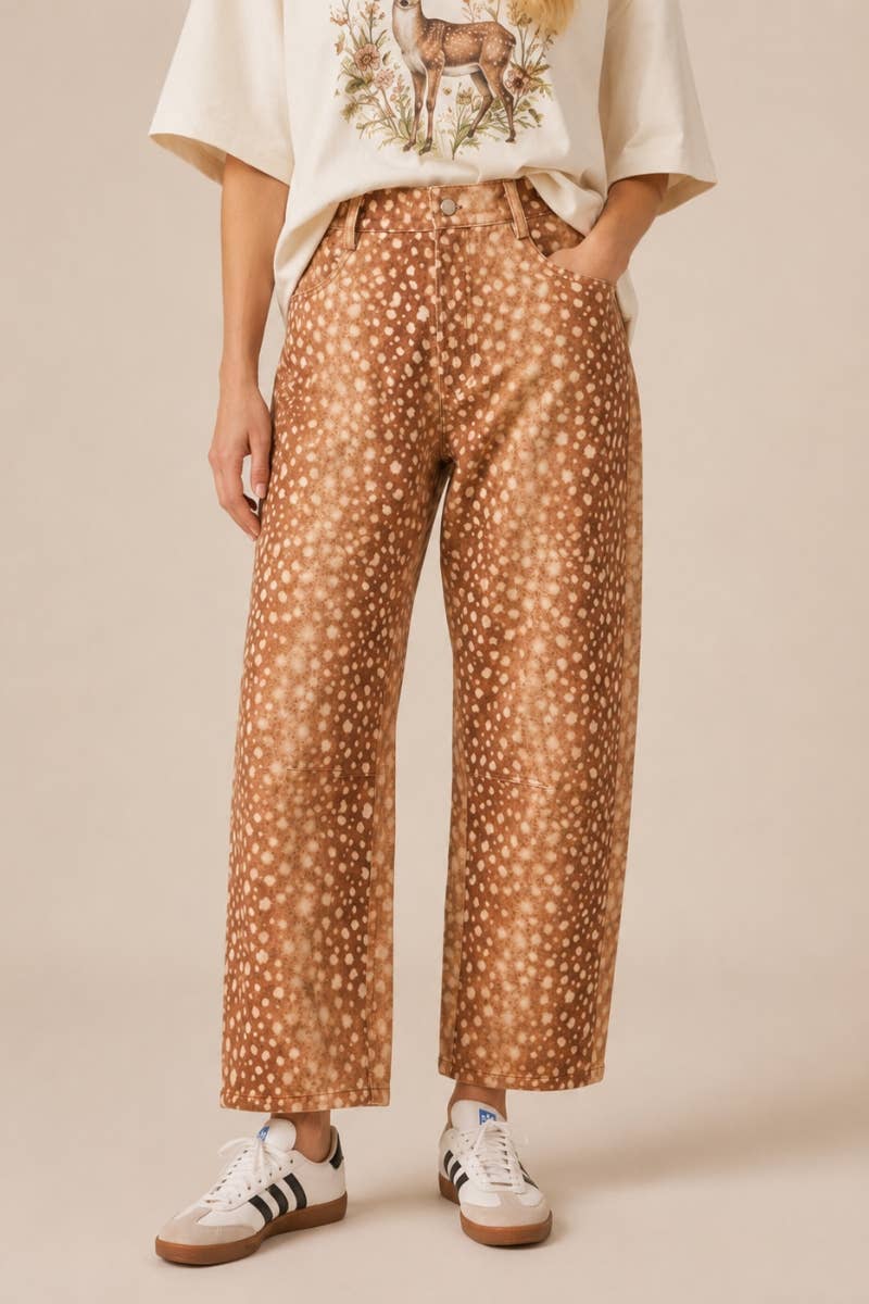The Fawn Print Barrel Fit Pants: BAMBI BROWN