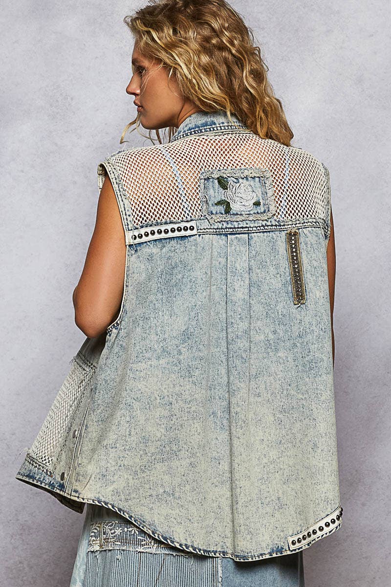 MAY SHIP POL Oversize sleeveless embroidered patchwork denim vest