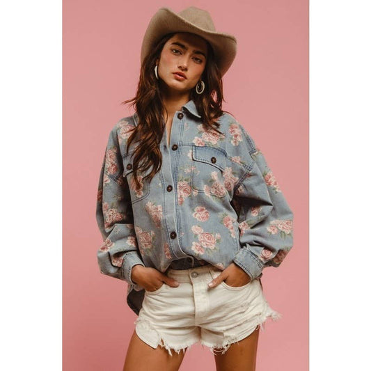 FLORAL PRINT WASHED DENIM SHACKET WITH SIDE POCKET
