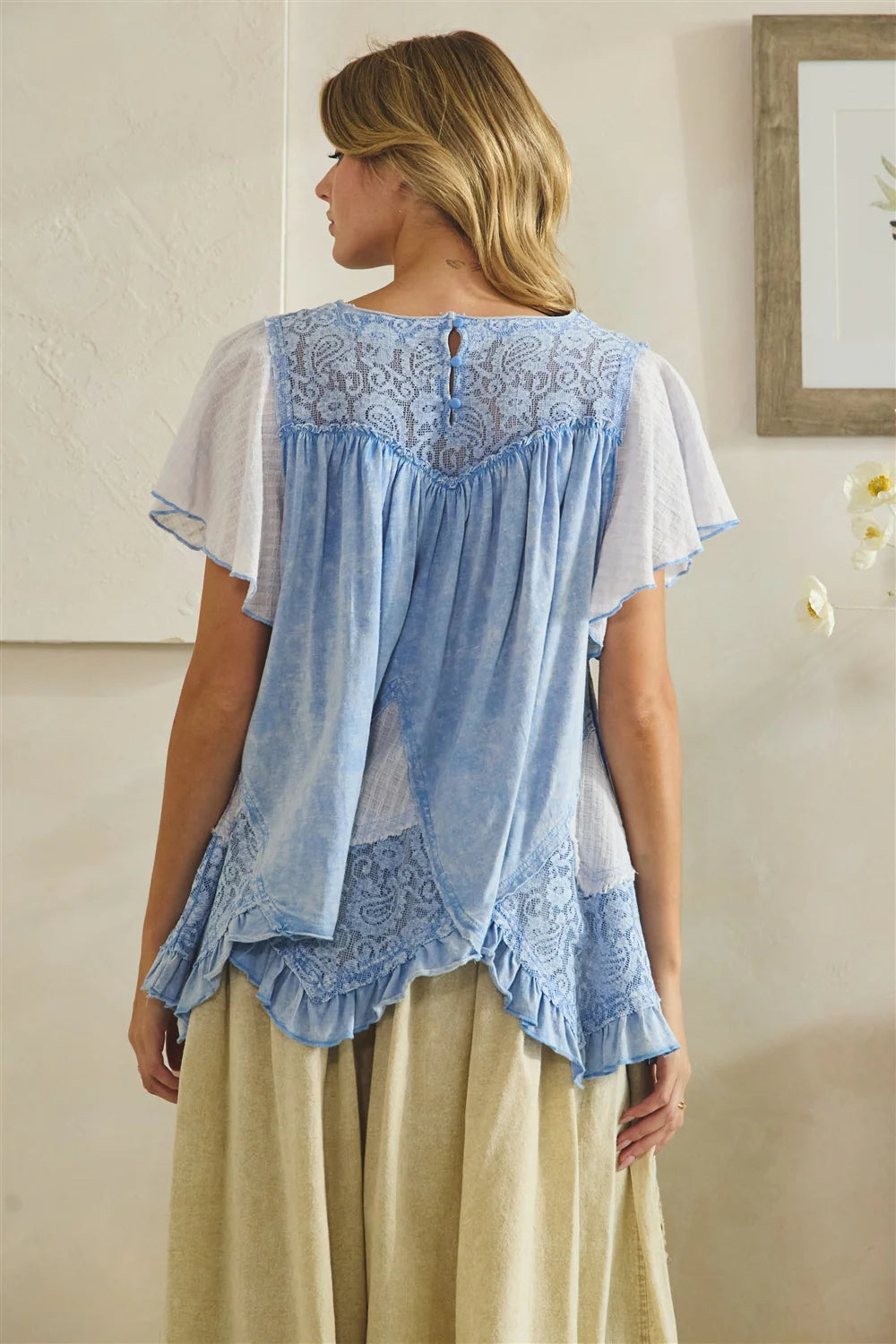 Oli and Hali - Washed lace ruffle hem tunic - Hydrangea Blue