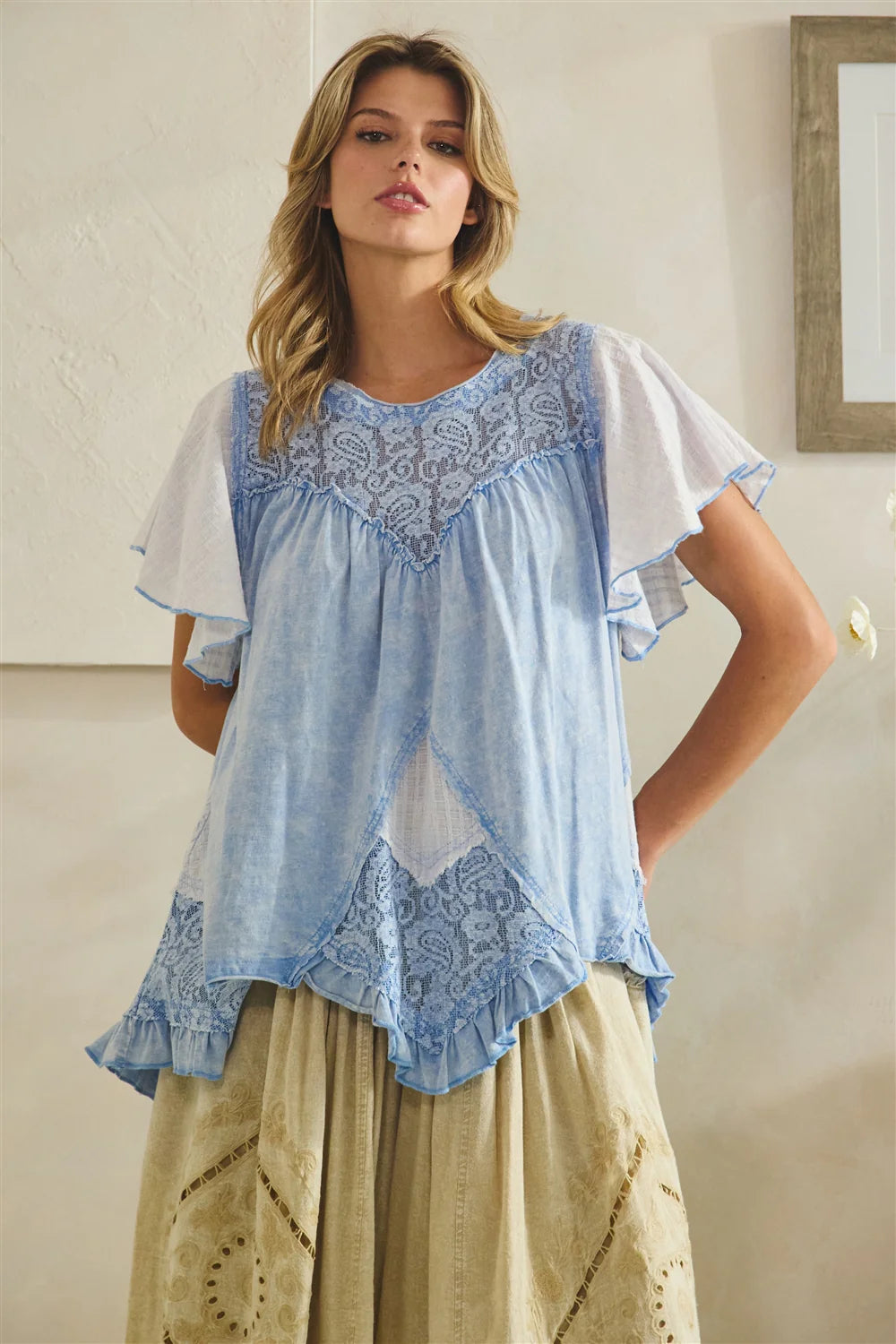 Oli and Hali - Washed lace ruffle hem tunic - Hydrangea Blue