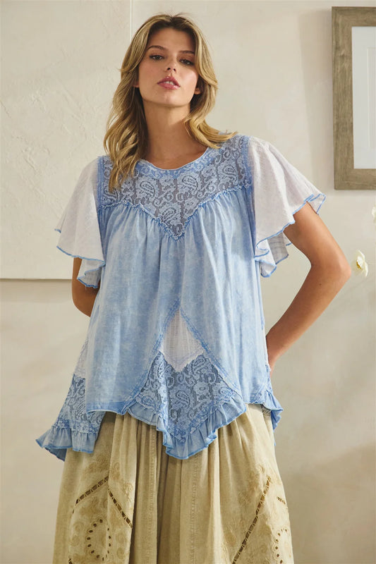Oli and Hali - Washed lace ruffle hem tunic - Hydrangea Blue