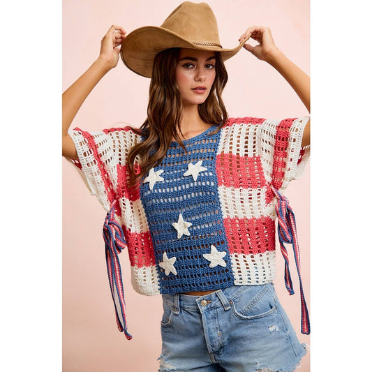 4TH OF JULY AMERICAN FLAG OPEN KNIT CROCHET TOP: AMERICAN FLAG