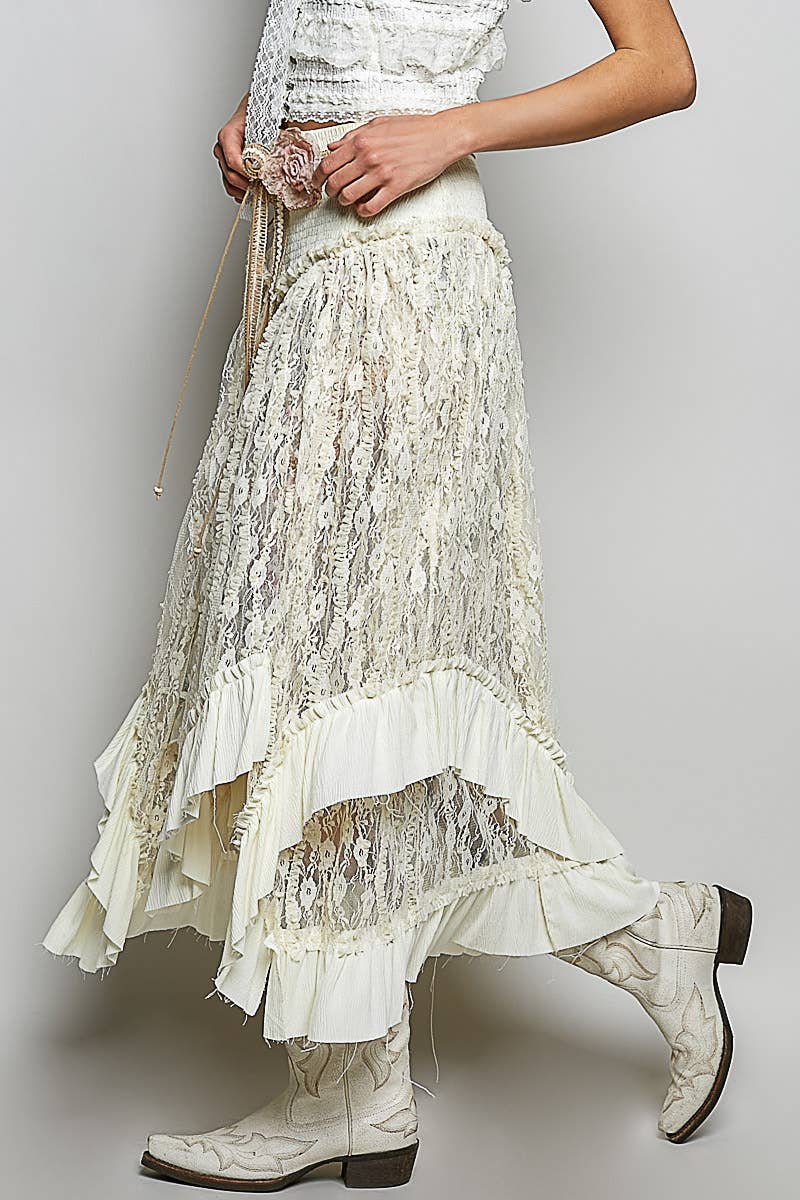 Ruffle Smocked Waist Solid Long Lace Skirt
