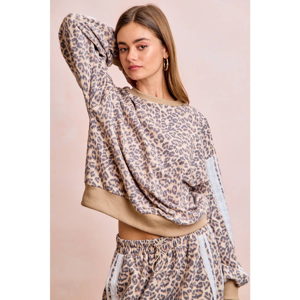 LEOPARD FRENCH TERRY LACE CONTRAST SWEATSHIRT TOP: LEOPARD
