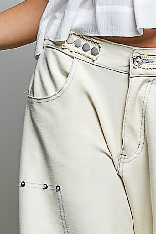 POL Ruffle Hem High Rise Wide Leg Snap Stud Detail Cargo Pants