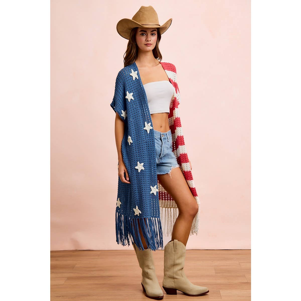 4TH OF JULY AMERICAN FLAG OPEN KNIT CARDIGAN