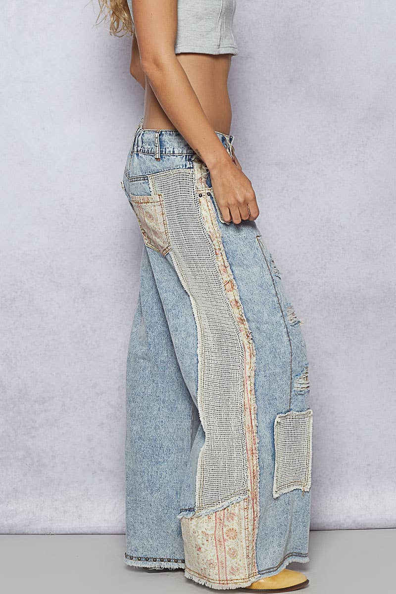 POL Stud Detail Woven Denim Pants: DENIM