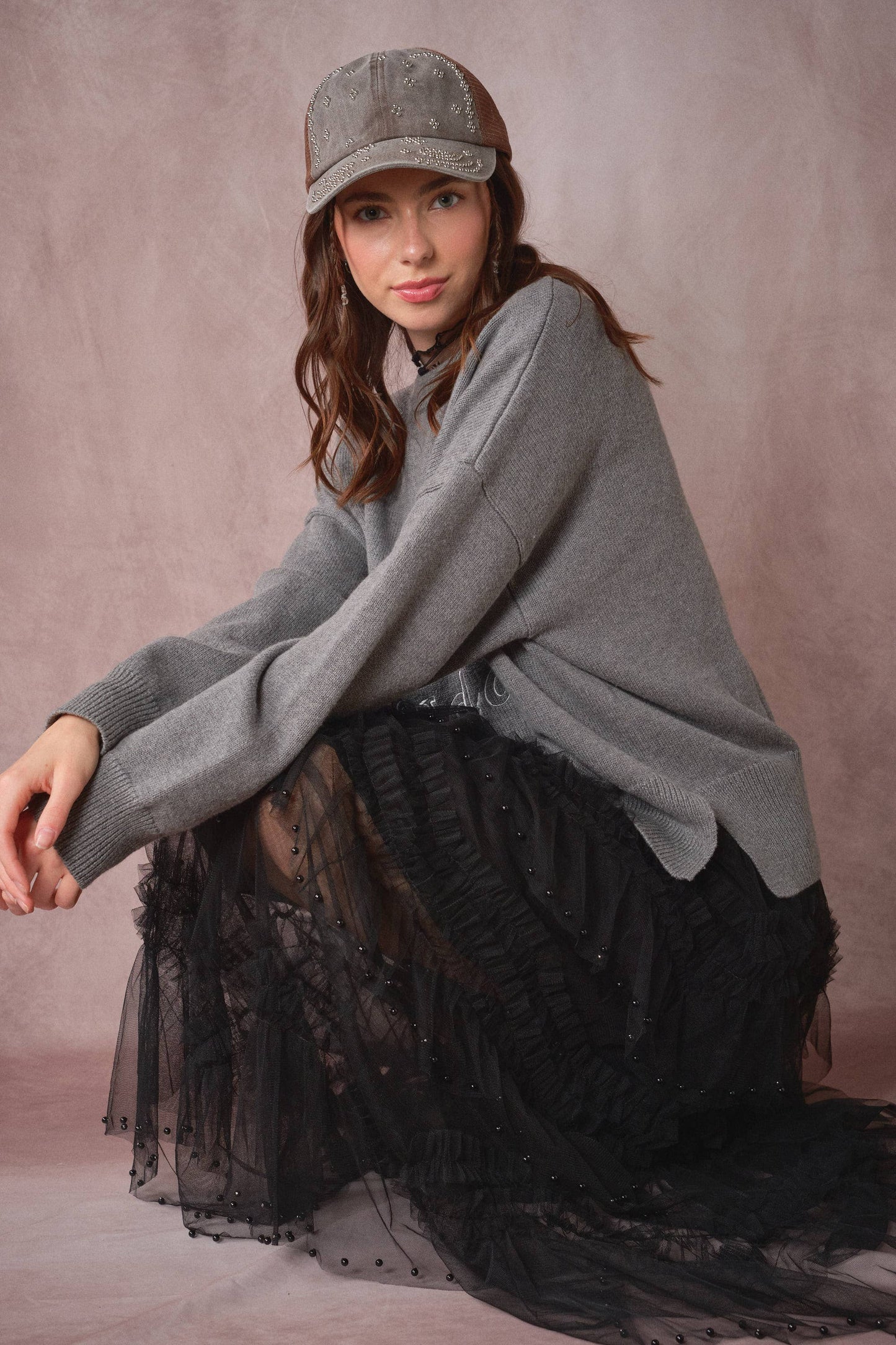 Black Tiered Ruffle Tulle Skirt With Pearls