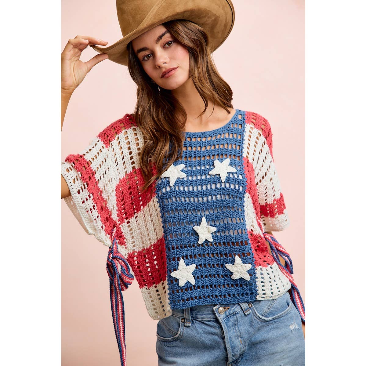 4TH OF JULY AMERICAN FLAG OPEN KNIT CROCHET TOP: AMERICAN FLAG