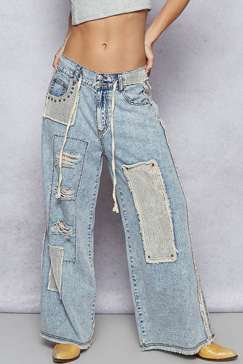 POL Stud Detail Woven Denim Pants: DENIM