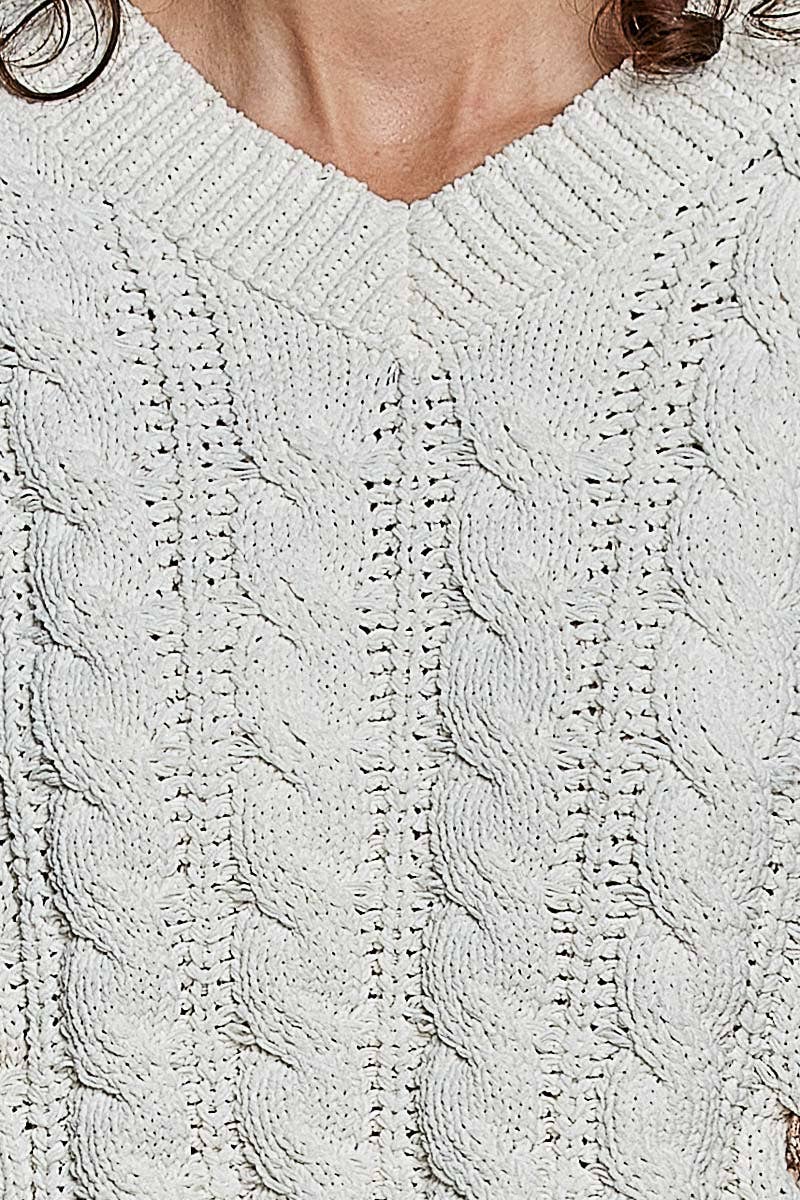 Chenille V Neck Balloon Sleeve Tie Detail Sweater Top: CREAM