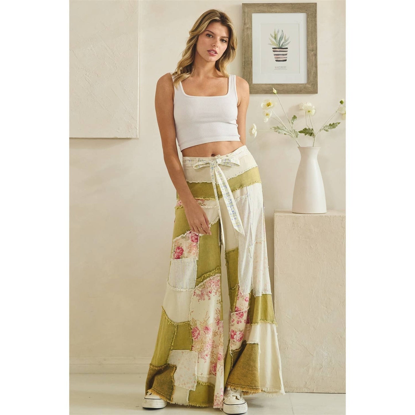 WASHED FLORAL PATCHWORK FLARE PANTS