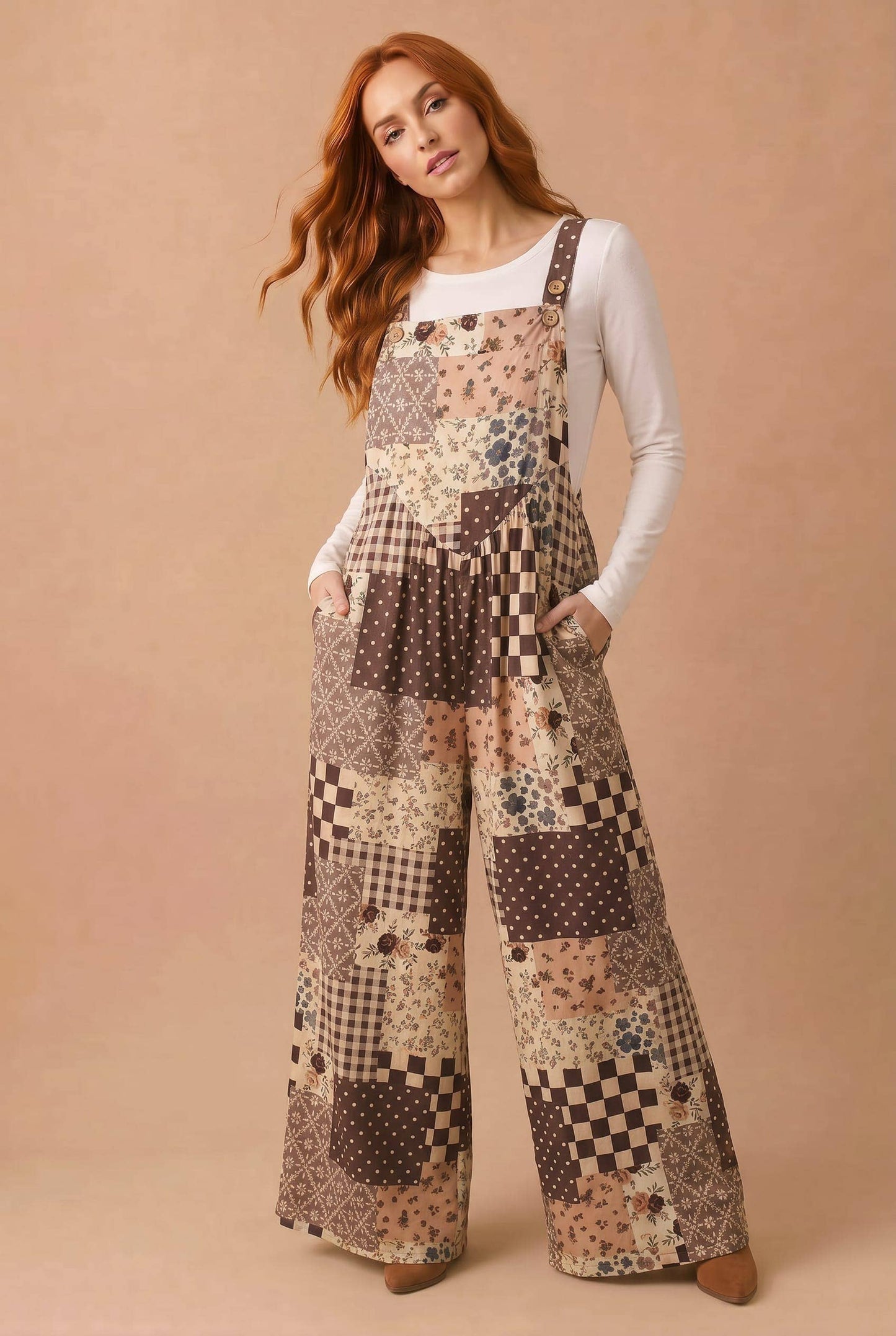 SEPT SHIP Floral Patchwork Wide Leg Overalls