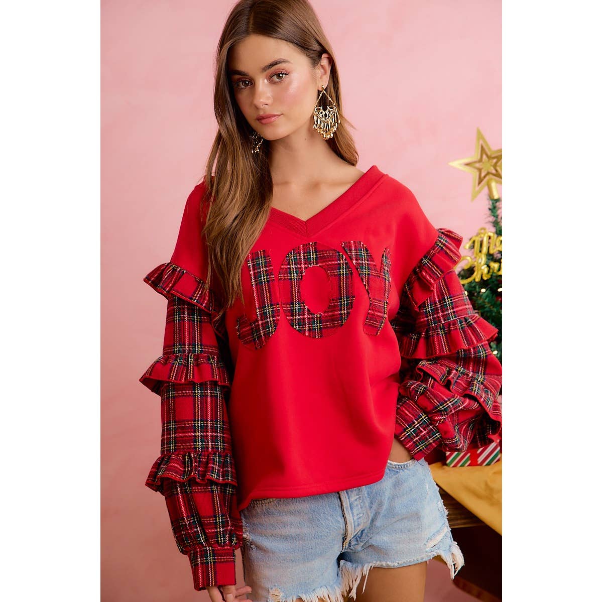 OCT SHIP JOYFUL HEARTS RUFFLED SLEEVE JOY PATCHWORK V NECK TOP