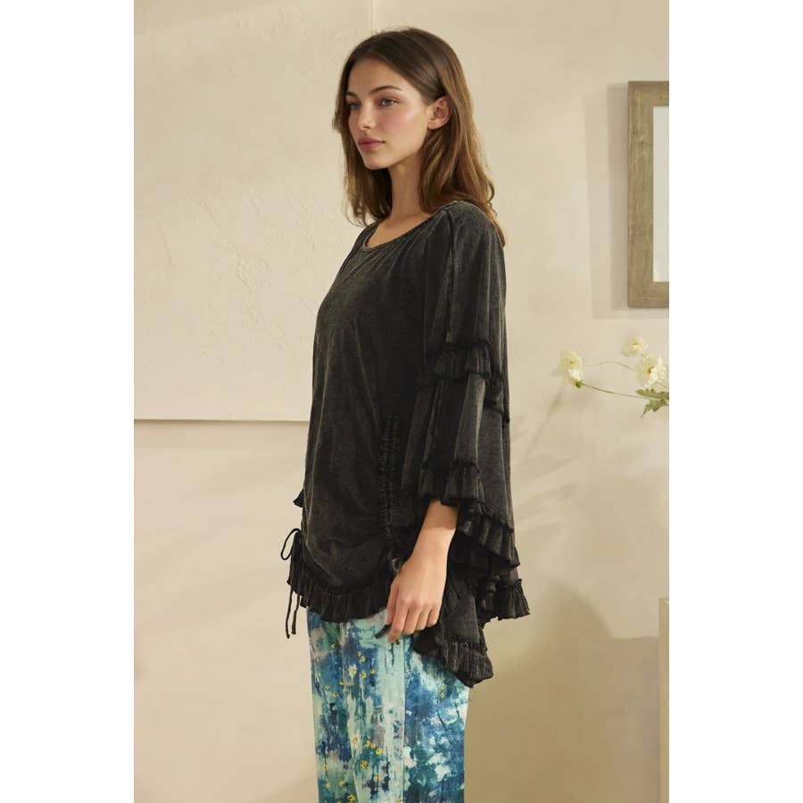 WASHED CINCHED DETAIL RUFFLE SLEEVE AND HEM TOP - HOT PINK or BLACK
