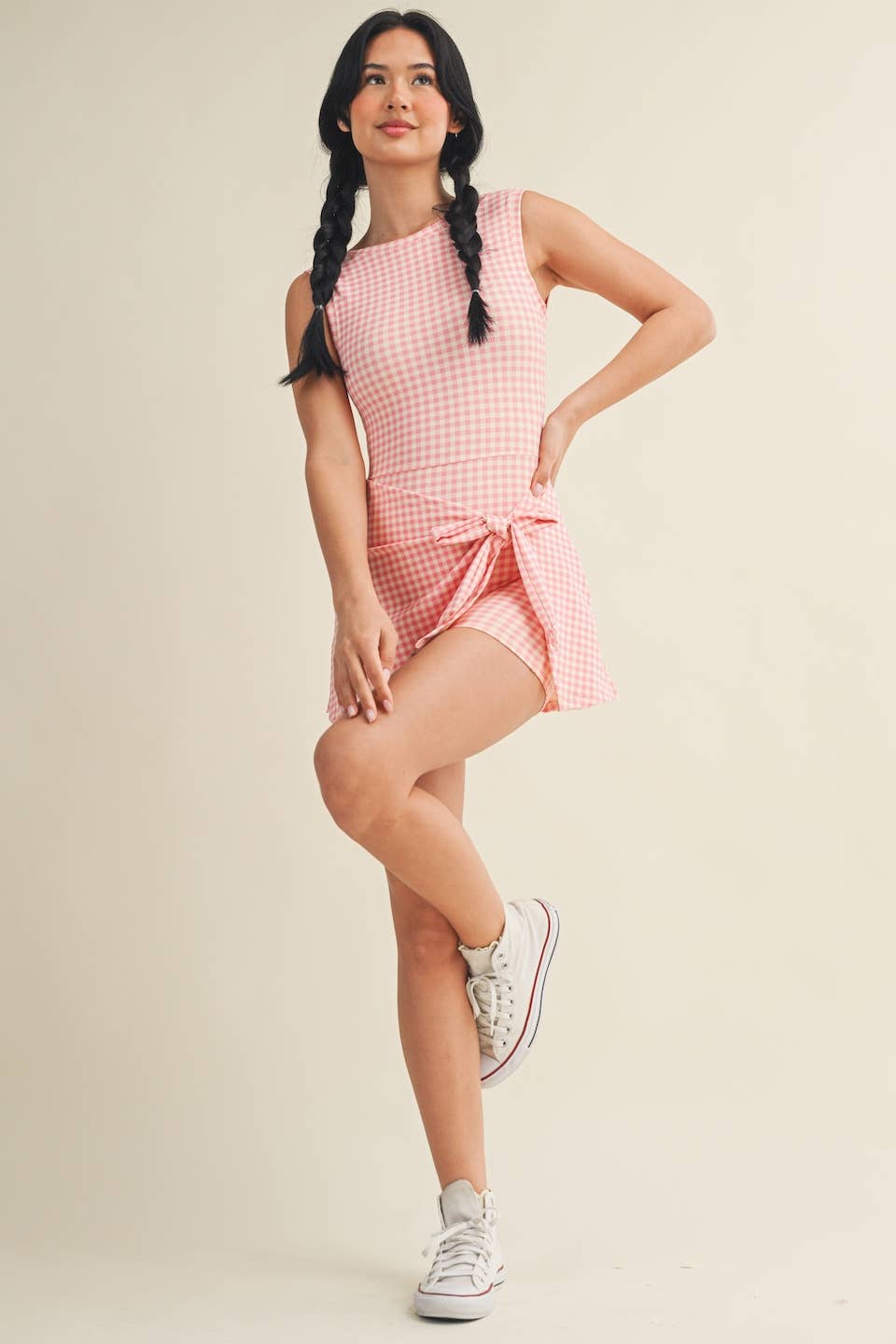 JUNE SHIP Gingham Print Sleeveless Wrap Tie Front Dress