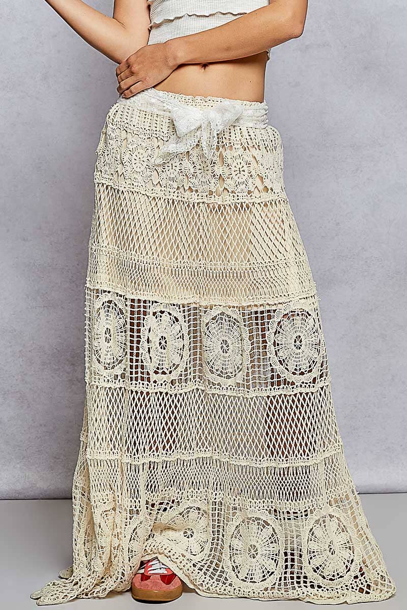 JUNE SHIP POL Crochet long flare elastic waist band skirts