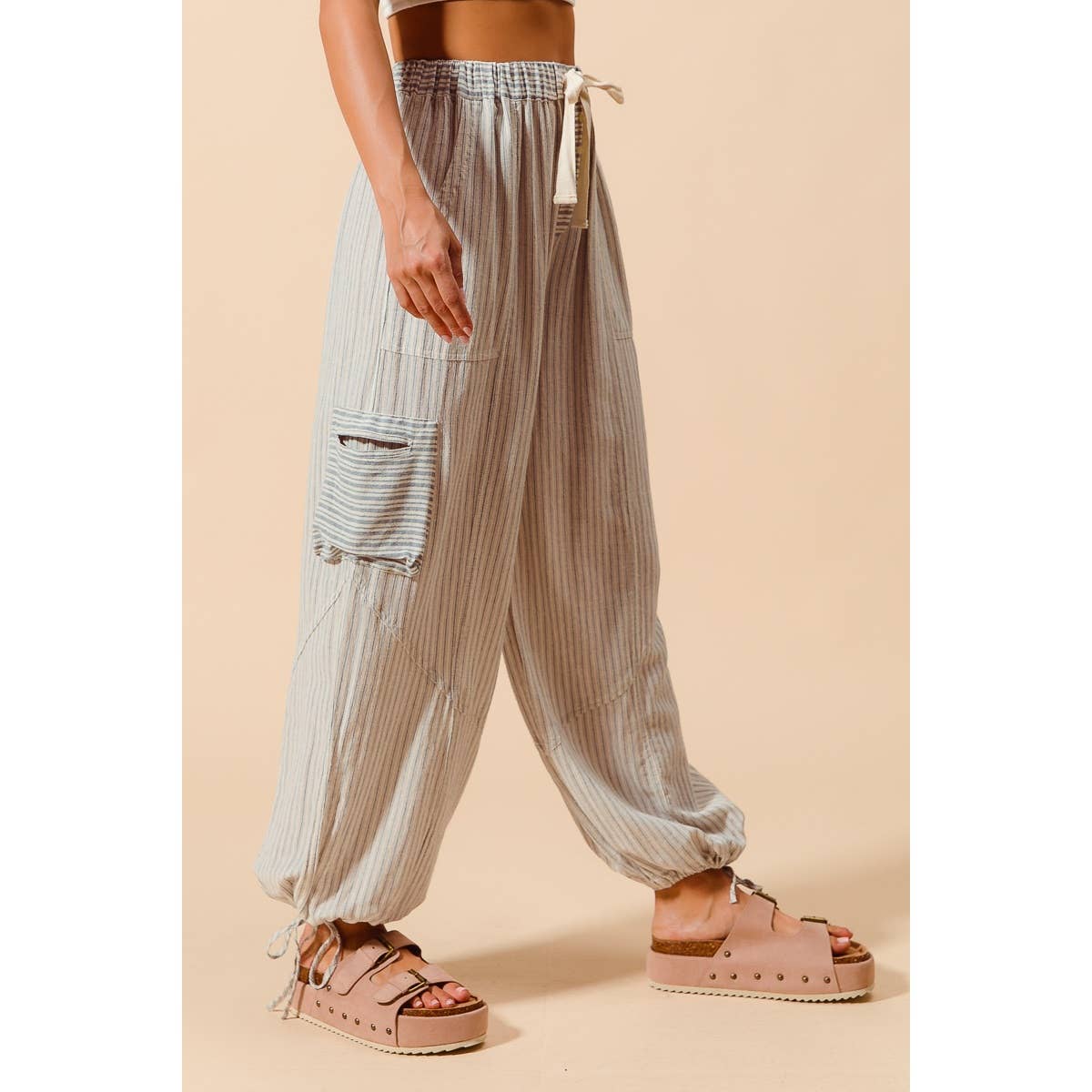 JUNE Ship MULTI STRIPE BLOCK BALLOON STYLE PANTS : VINTAGE DENIM