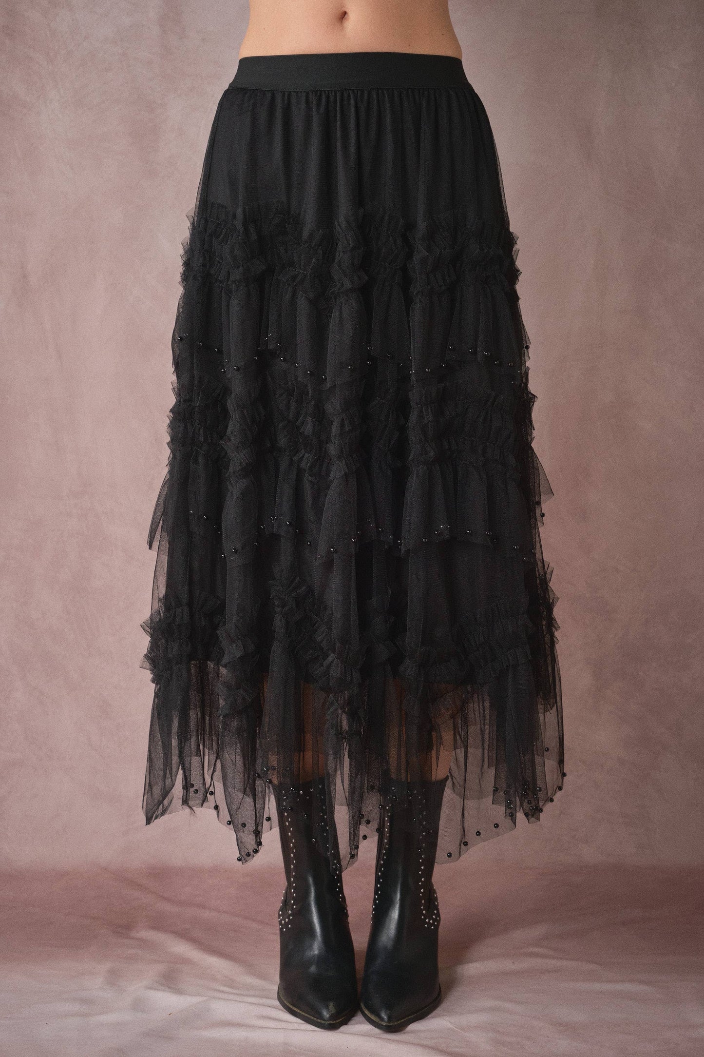 Black Tiered Ruffle Tulle Skirt With Pearls