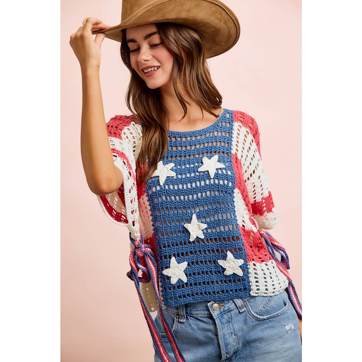 4TH OF JULY AMERICAN FLAG OPEN KNIT CROCHET TOP: AMERICAN FLAG