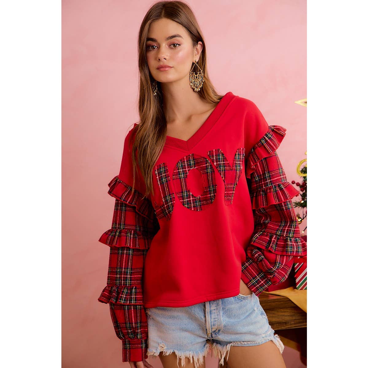 OCT SHIP JOYFUL HEARTS RUFFLED SLEEVE JOY PATCHWORK V NECK TOP