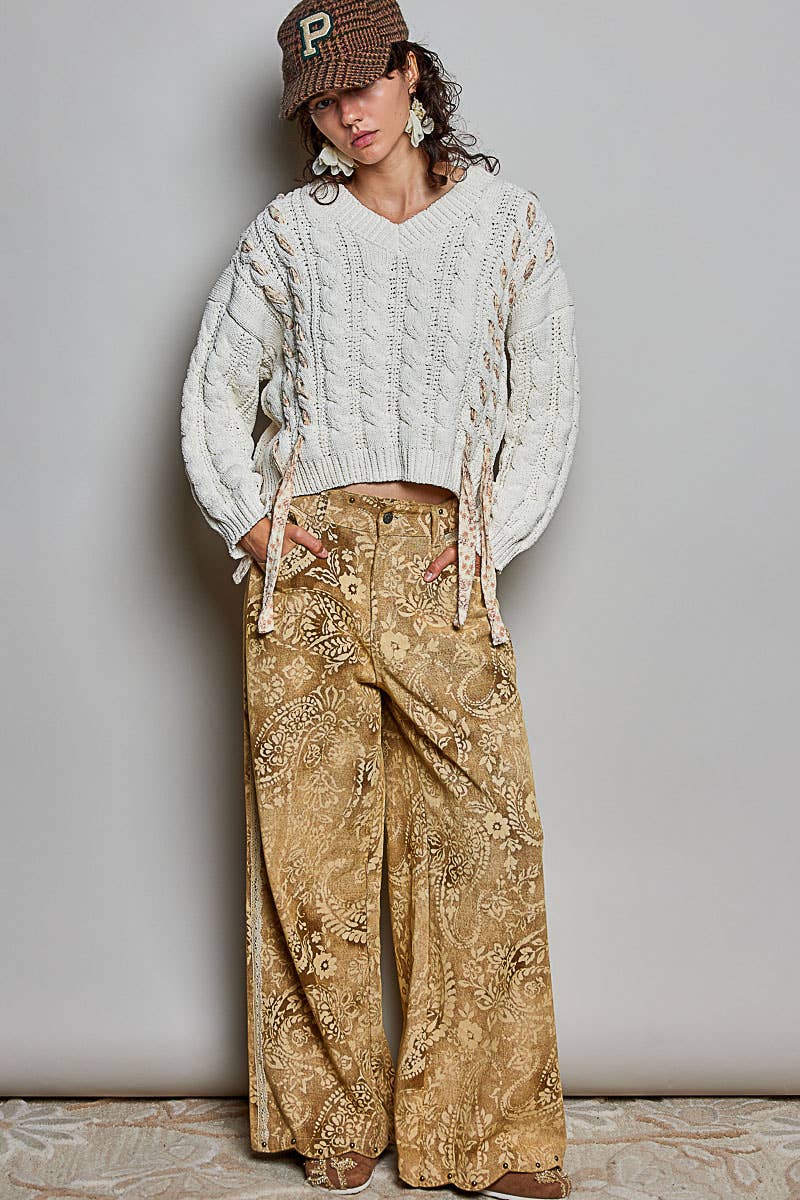 Chenille V Neck Balloon Sleeve Tie Detail Sweater Top: CREAM