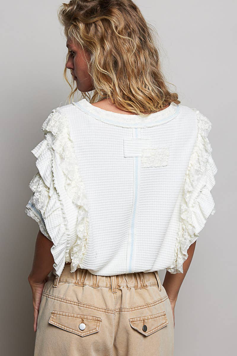 JUNE SHIP  POL  Textured Knit Ruffle Sleeve Lace Stud Cropped Short Top